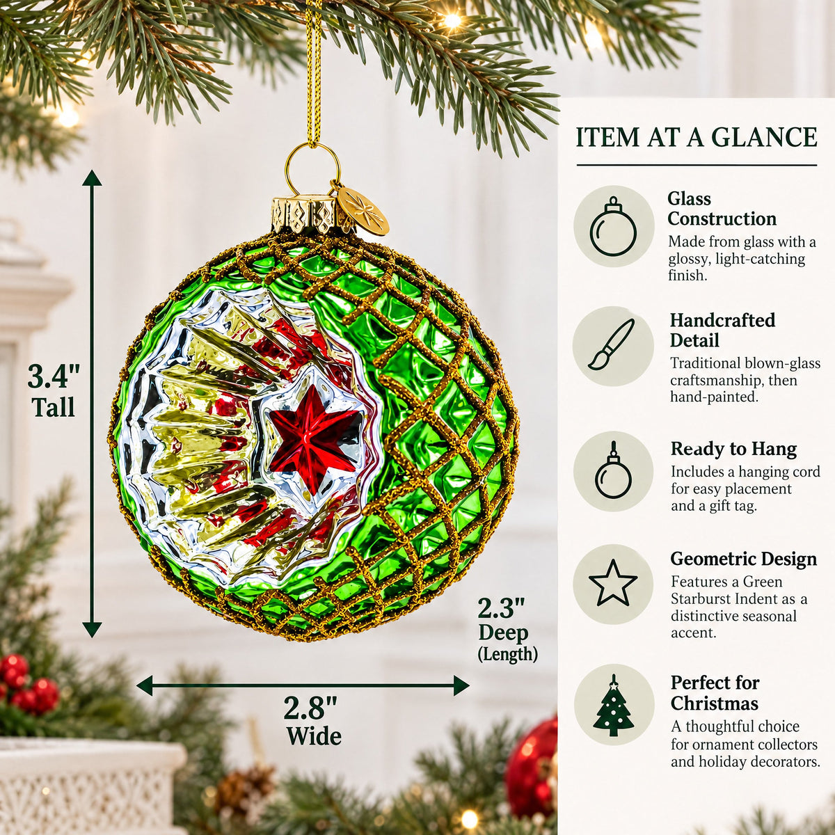 Green Starburst Indent Glass Christmas Ornament