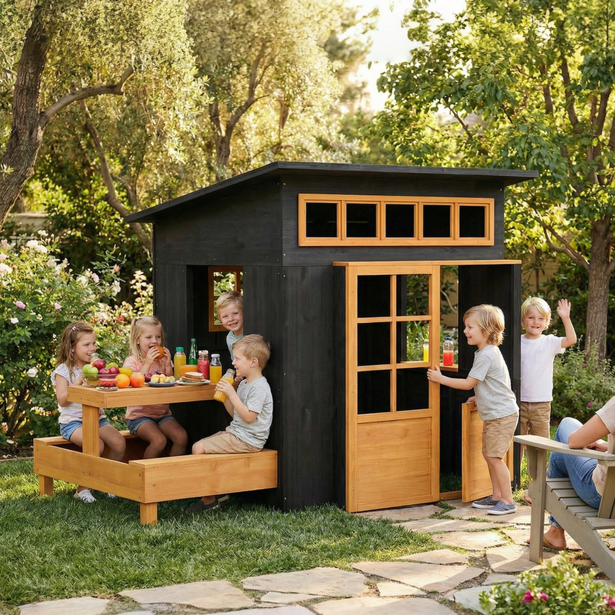 Chalkboard Cottage Playhouse with Picnic Table