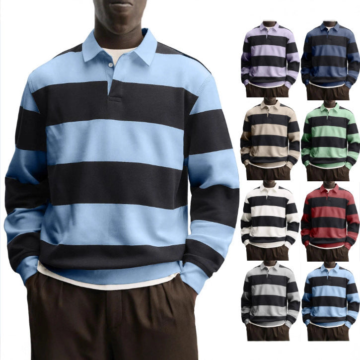Mens Loose-collar Long-sleeved Striped T-shirt