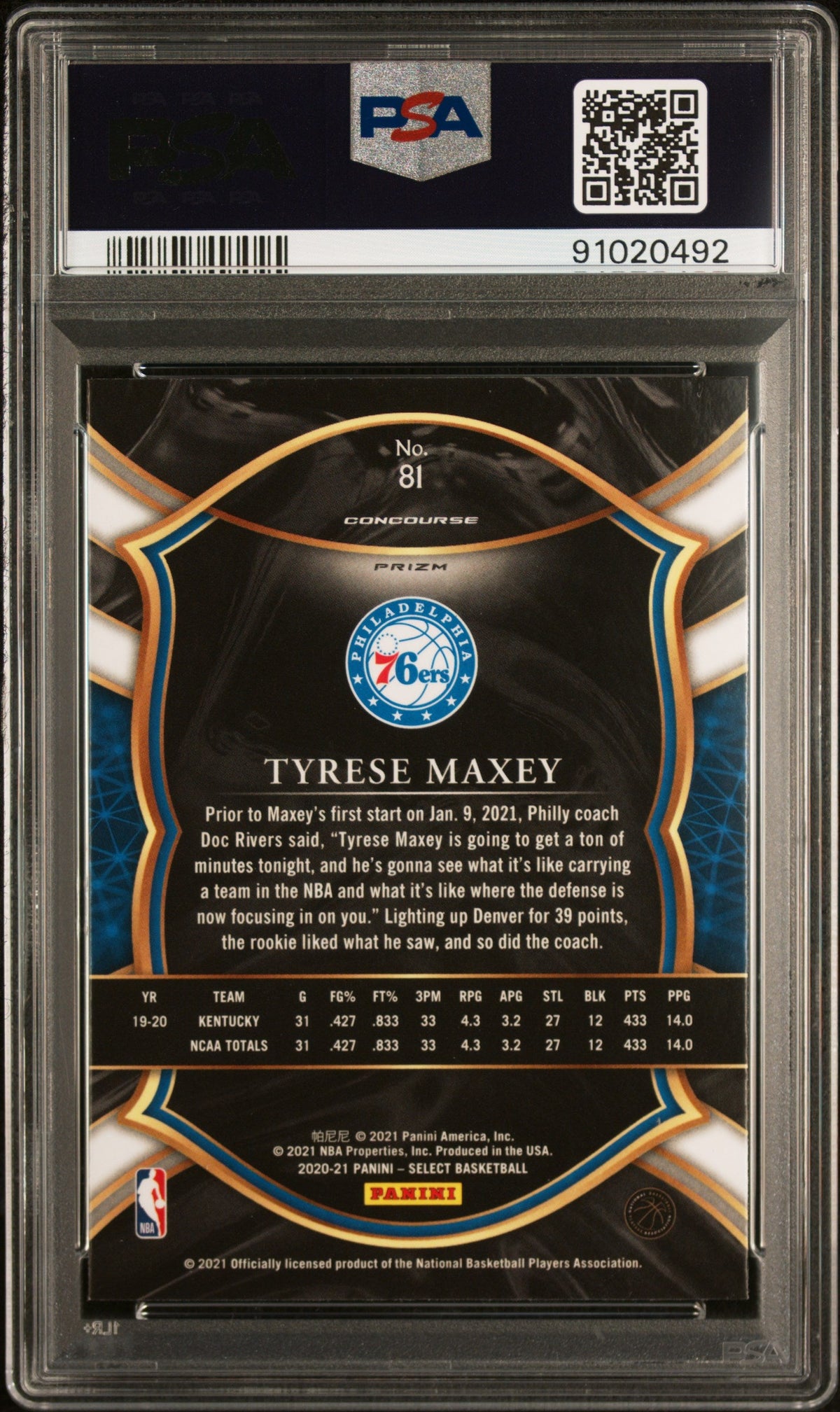 Graded 2020 Panini Select Tyrese Maxey #81 Red/White/Green Cracked Ice Rookie RC Basketball Card PSA 10 Gem Mint