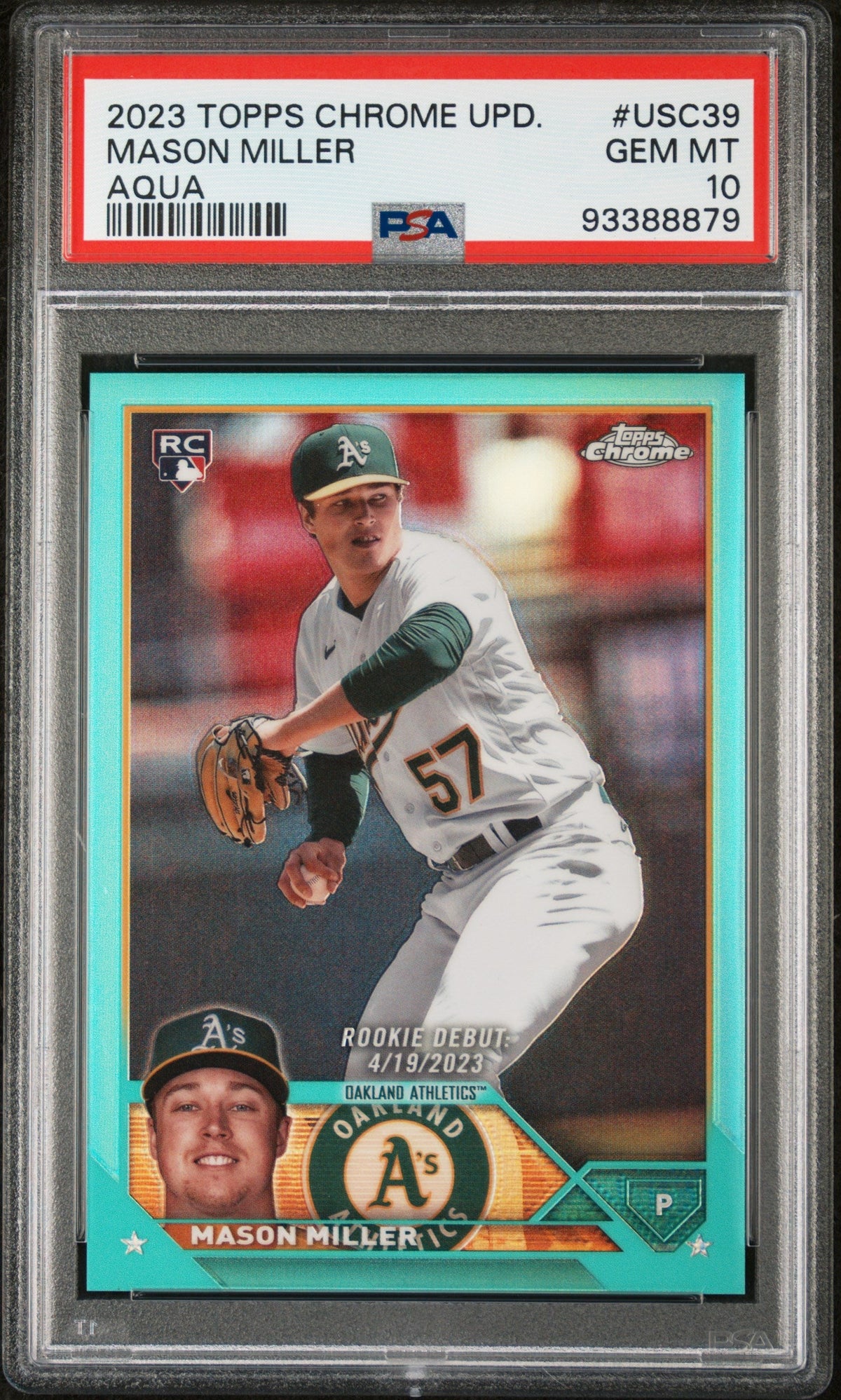 Graded 2023 Topps Chrome Update Mason Miller #USC39 Aqua #/199 Rookie RC Baseball Card PSA 10 Gem Mint