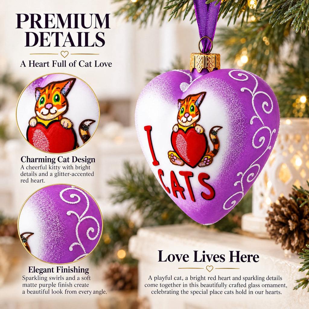 I Love Cats Glass Heart Christmas Ornament
