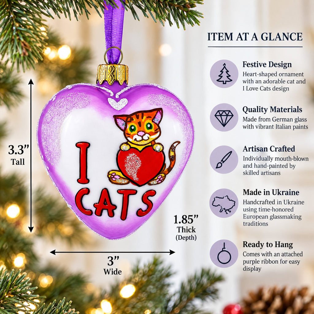 I Love Cats Glass Heart Christmas Ornament