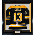 Framed Autographed/Signed Charlie Coyle 35x39 Boston Black Hockey Jersey JSA COA