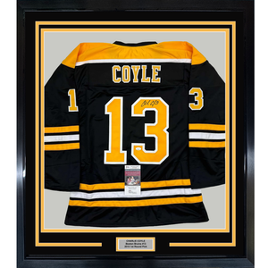 Framed Autographed/Signed Charlie Coyle 35x39 Boston Black Hockey Jersey JSA COA