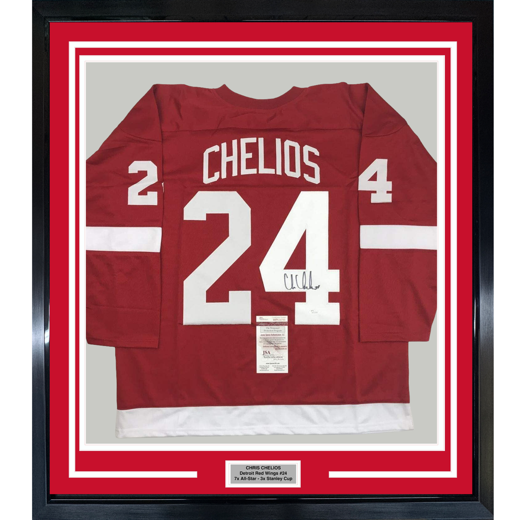Framed Autographed/Signed Chris Chelios 35x39 Detroit Red Hockey Jersey JSA COA