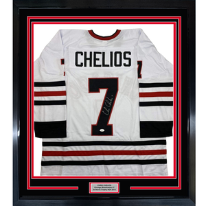 Framed Autographed/Signed Chris Chelios 35x39 Chicago White Hockey Jersey JSA COA