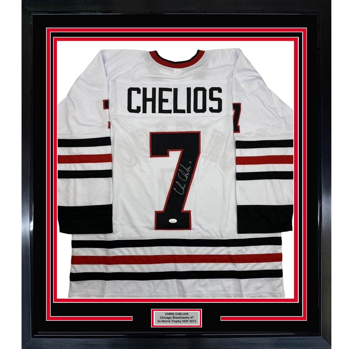 Framed Autographed/Signed Chris Chelios 35x39 Chicago White Hockey Jersey JSA COA
