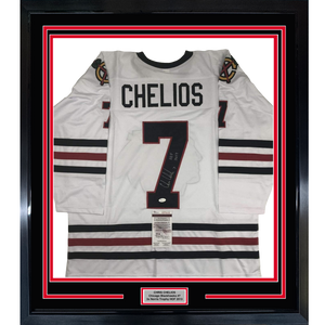 Framed Autographed/Signed Chris Chelios HOF 2013 35x39 Chicago White Hockey Jersey JSA COA