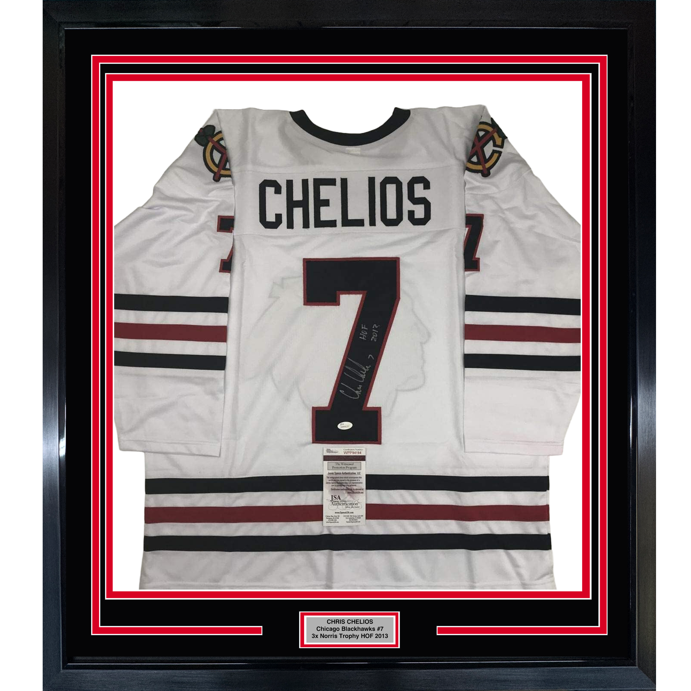 Framed Autographed/Signed Chris Chelios HOF 2013 35x39 Chicago White Hockey Jersey JSA COA