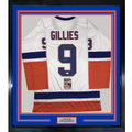Framed Autographed/Signed Clark Gillies HOF 02 35x39 New York White Hockey Jersey JSA COA