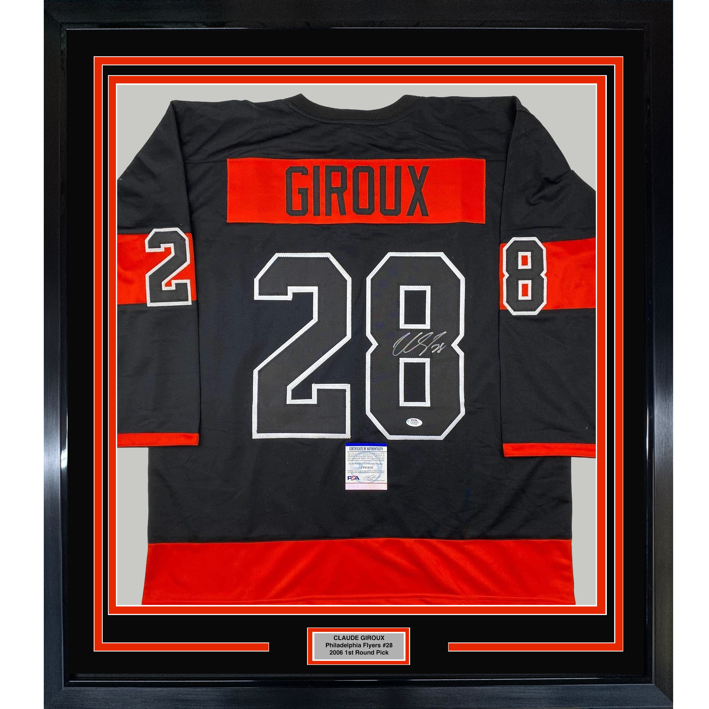 Framed Autographed/Signed Claude Giroux 35x39 Philadelphia Black Hockey Jersey PSA/DNA COA