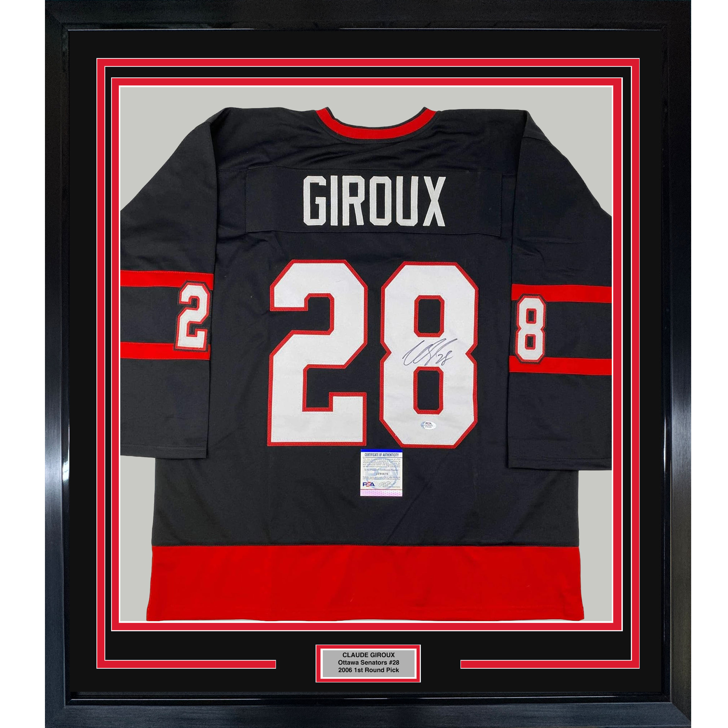 Framed Autographed/Signed Claude Giroux 35x39 Ottawa Black Hockey Jersey PSA/DNA COA