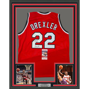 Framed Autographed/Signed Clyde Drexler 35x39 Portland Red Basketball Jersey JSA COA