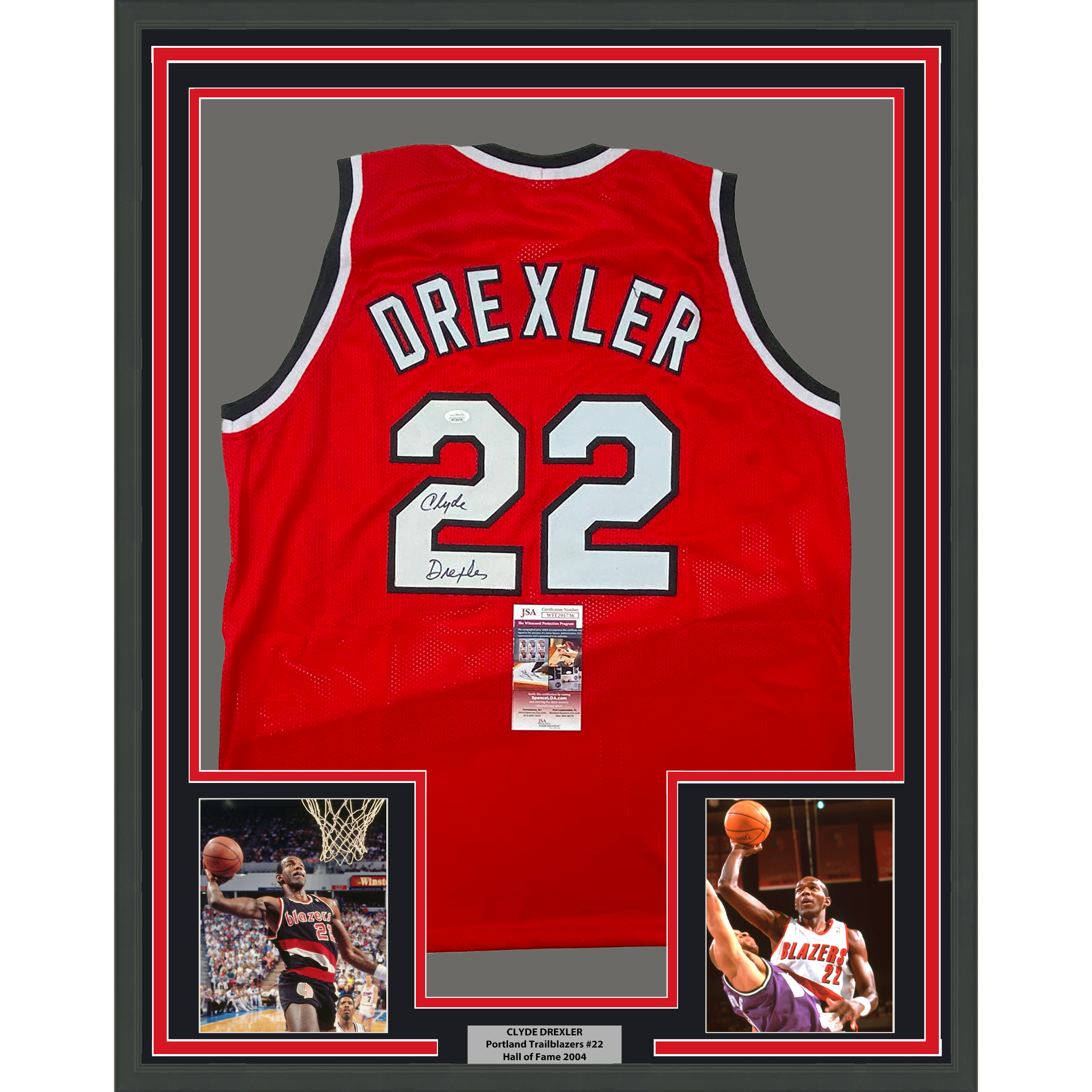 Framed Autographed/Signed Clyde Drexler 35x39 Portland Red Basketball Jersey JSA COA