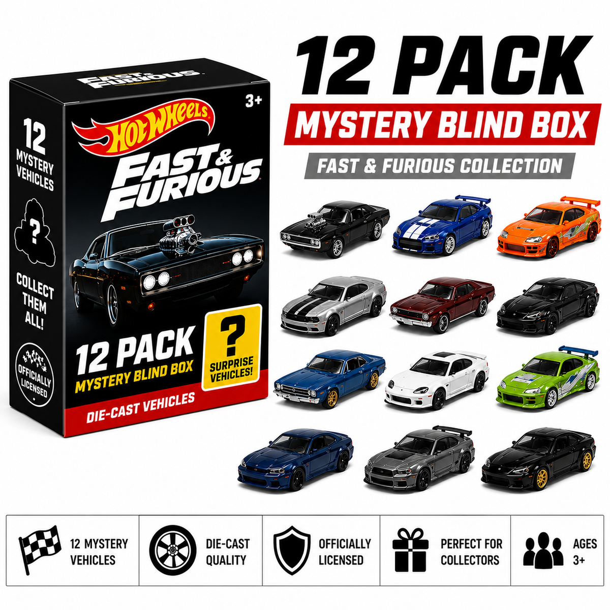 Hot Wheels Fast & Furious 1:64 Scale Mystery Blind Box | 12 Pack