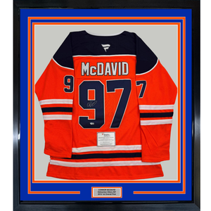 Framed Autographed/Signed Connor McDavid 35x39 Edmonton Oilers Authentic Orange Hockey Jersey Fanatics COA