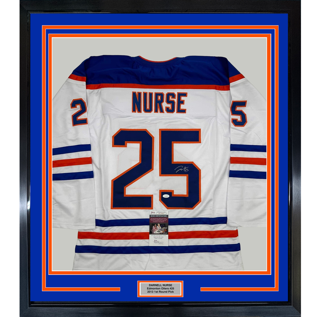 Framed Autographed/Signed Darnell Nurse 35x39 Edmonton White Hockey Jersey JSA COA