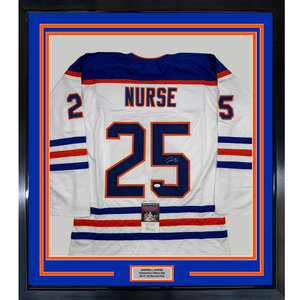 Framed Autographed/Signed Darnell Nurse 35x39 Edmonton White Hockey Jersey JSA COA