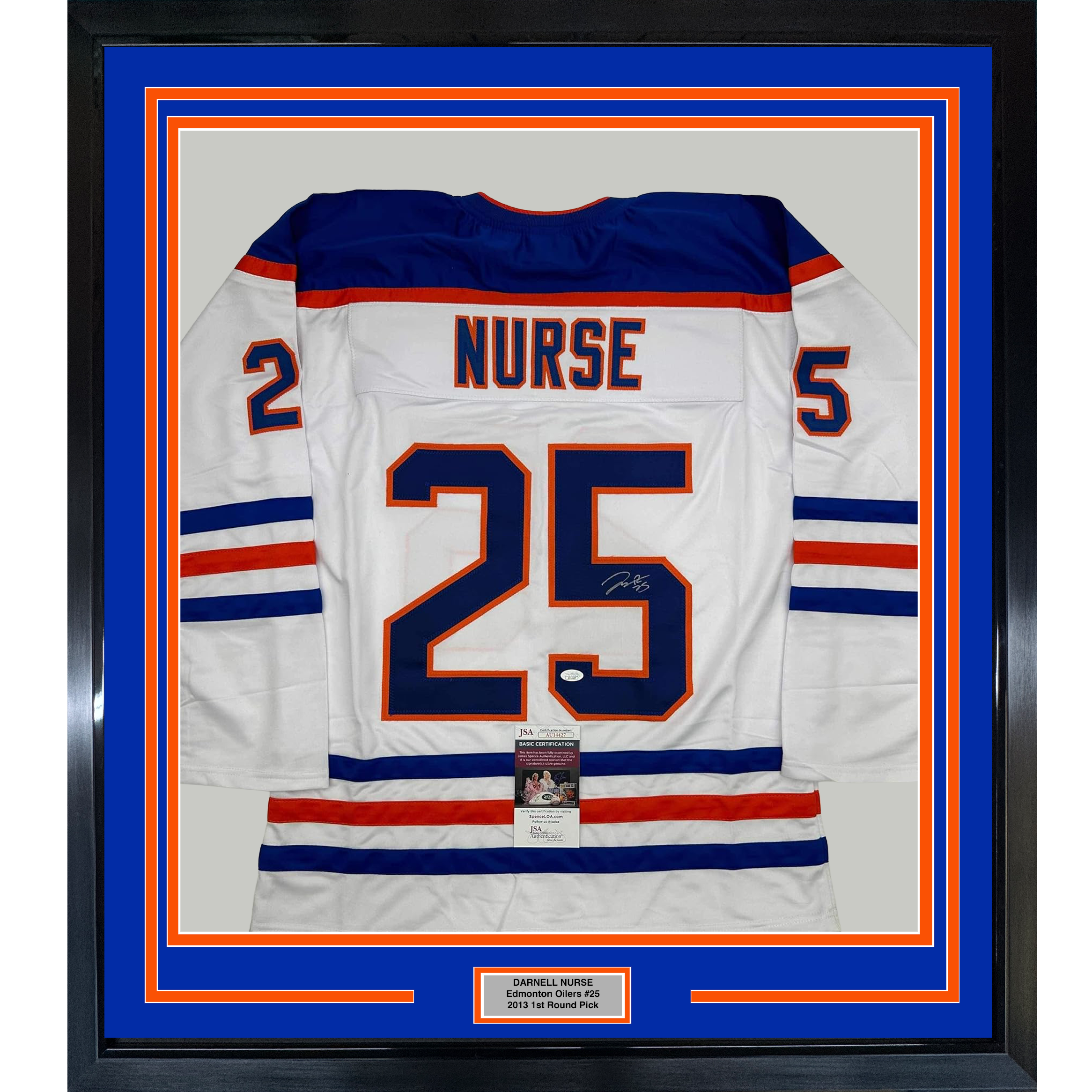 Framed Autographed/Signed Darnell Nurse 35x39 Edmonton White Hockey Jersey JSA COA