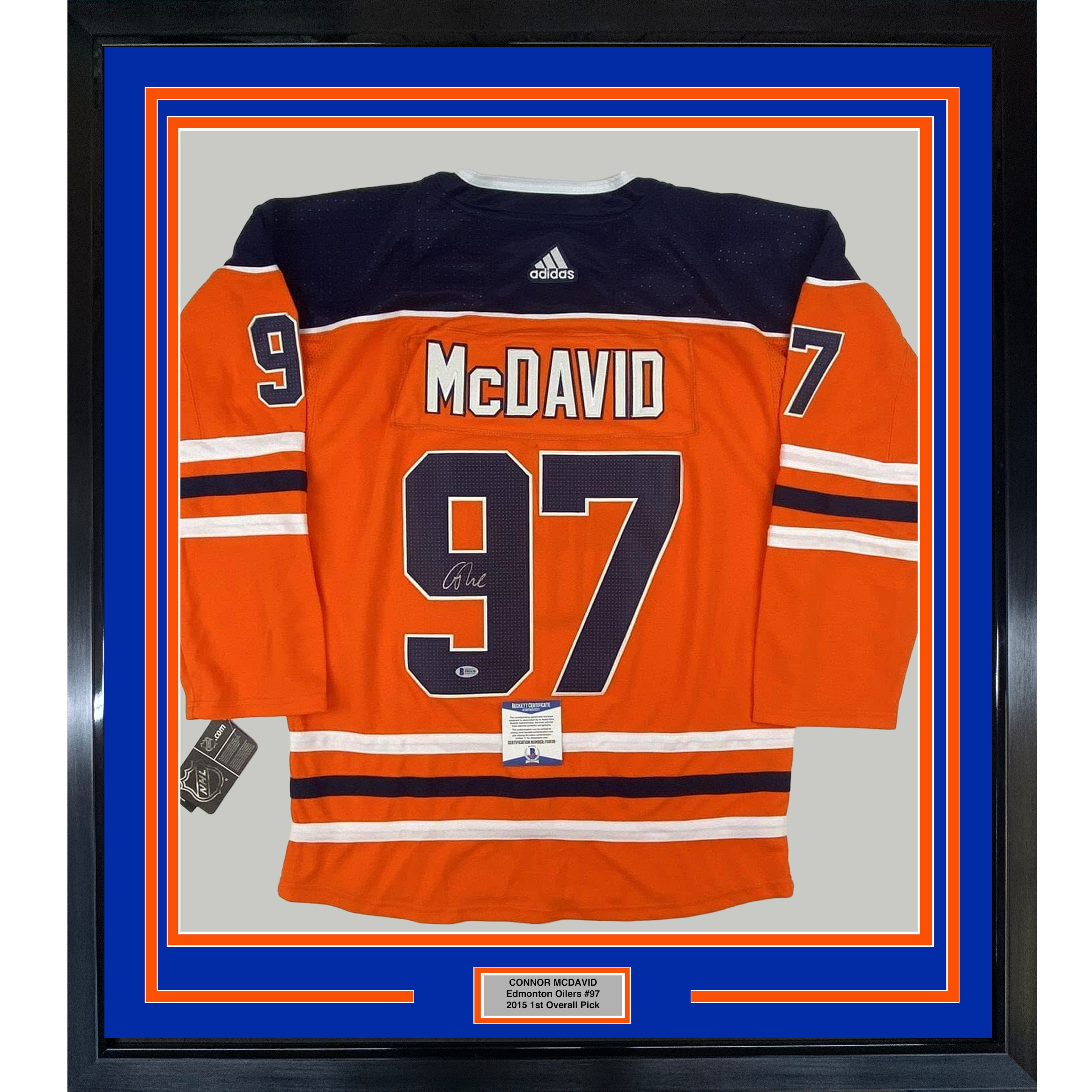 Framed Autographed/Signed Connor McDavid 35x39 Edmonton Orange Hockey Jersey Beckett BAS COA