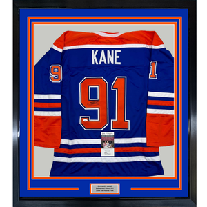 Framed Autographed/Signed Evander Kane 35x39 Edmonton Blue Hockey Jersey JSA COA