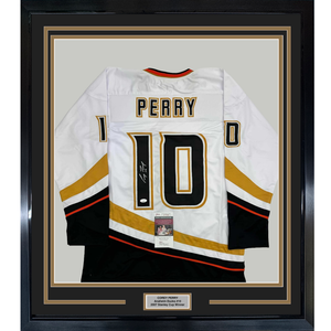 Framed Autographed/Signed Corey Perry 35x39 Anaheim White Hockey Jersey JSA COA