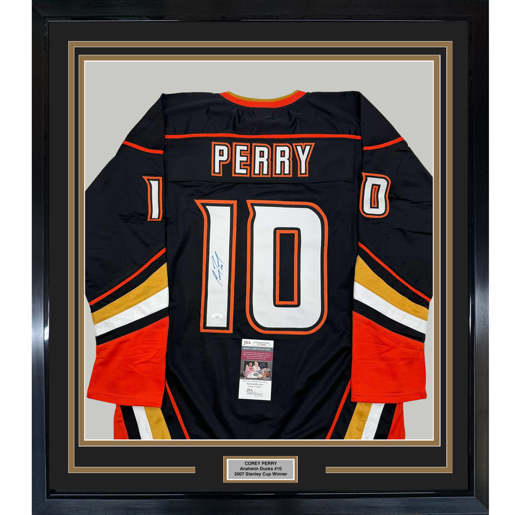 Framed Autographed/Signed Corey Perry 35x39 Anaheim Black Hockey Jersey JSA COA