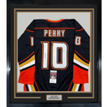 Framed Autographed/Signed Corey Perry 35x39 Anaheim Black Hockey Jersey JSA COA