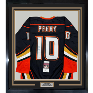 Framed Autographed/Signed Corey Perry 35x39 Anaheim Black Hockey Jersey JSA COA