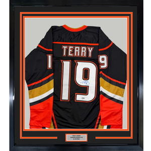 Framed Autographed/Signed Troy Terry 35x39 Anaheim Black Hockey Jersey Beckett BAS COA