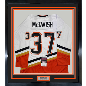 Framed Autographed/Signed Mason McTavish 35x39 Anaheim White Hockey Jersey JSA COA