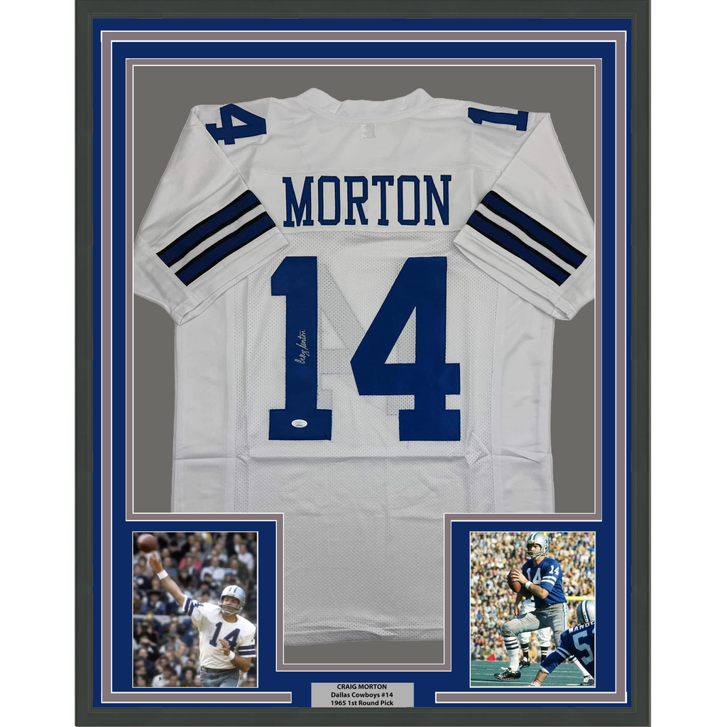 Framed Autographed/Signed Craig Morton 35x39 Dallas White Football Jersey JSA COA