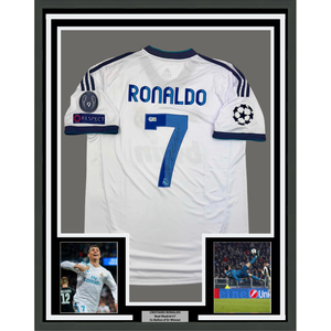 Framed Autographed/Signed Cristiano Ronaldo 35x39 Real Madrid White Soccer Jersey Beckett BAS COA