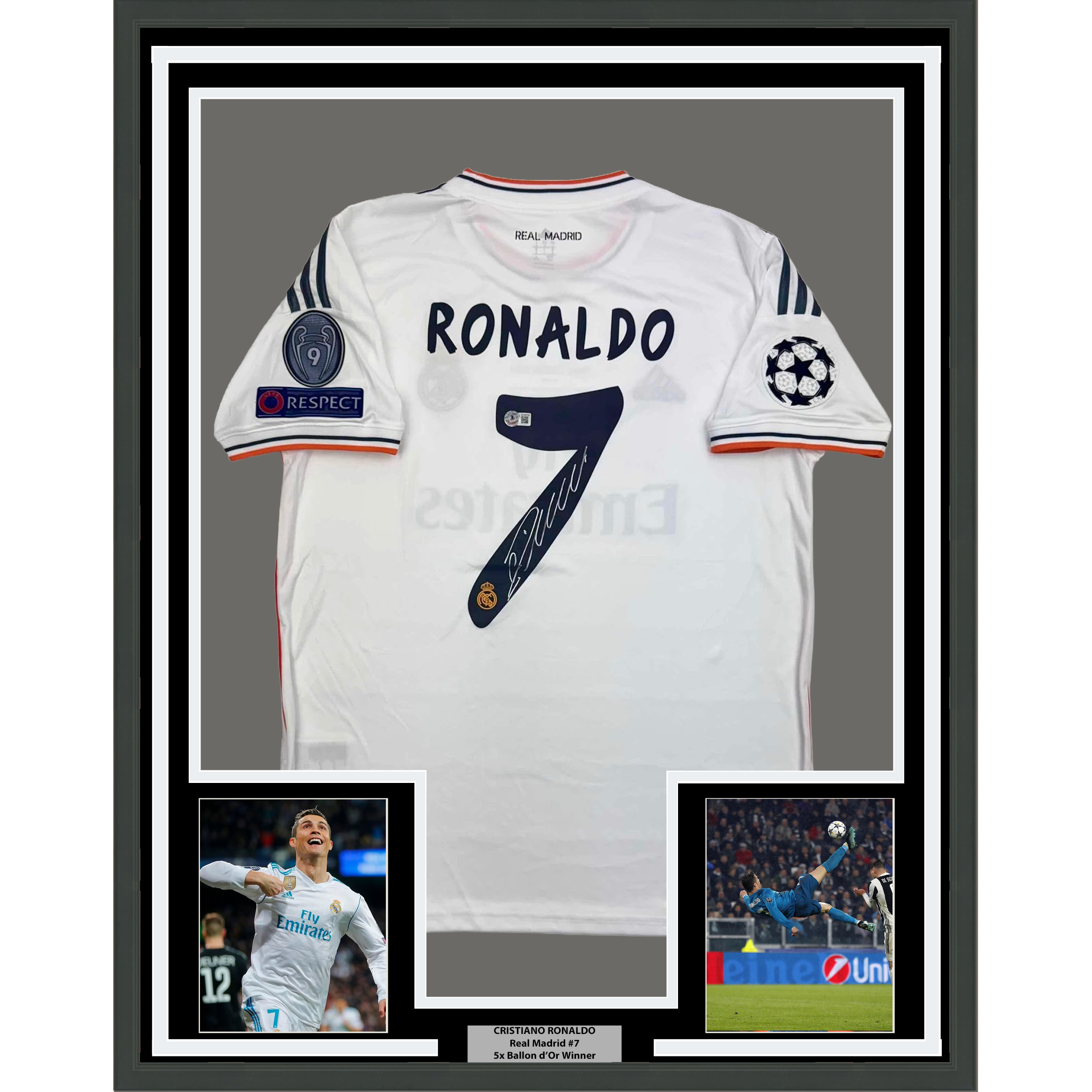Framed Autographed/Signed Cristiano Ronaldo 35x39 Real Madrid White Soccer Jersey Beckett BAS COA