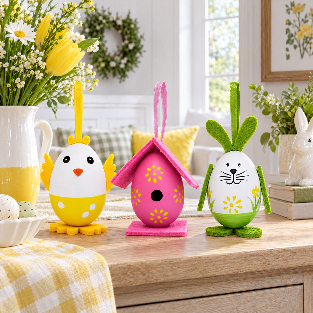 Set of 3 Bunny, Chick, Easter Egg House Plastic Easter Gift Set Decoration