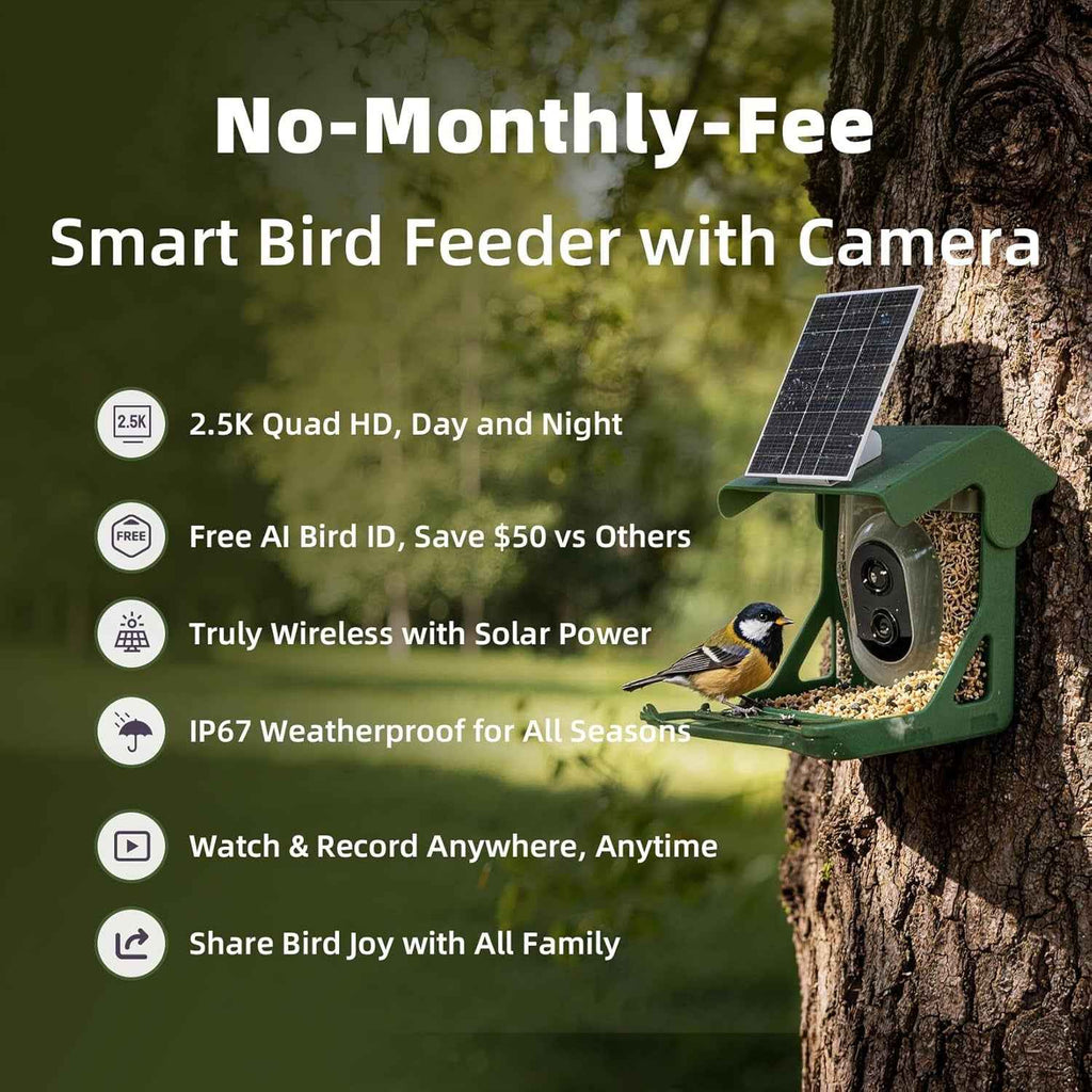 Bird Feeder Camera Solar WiFi 4MP 2.5K AI Motion Detection No Fee