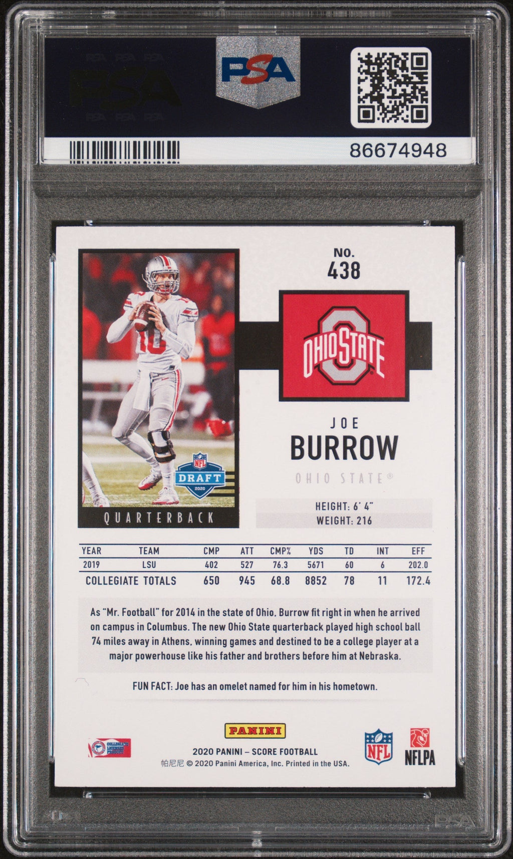 Graded 2020 Panini Score Joe Burrow #438 Rookie RC Football Card PSA 8 Near Mint