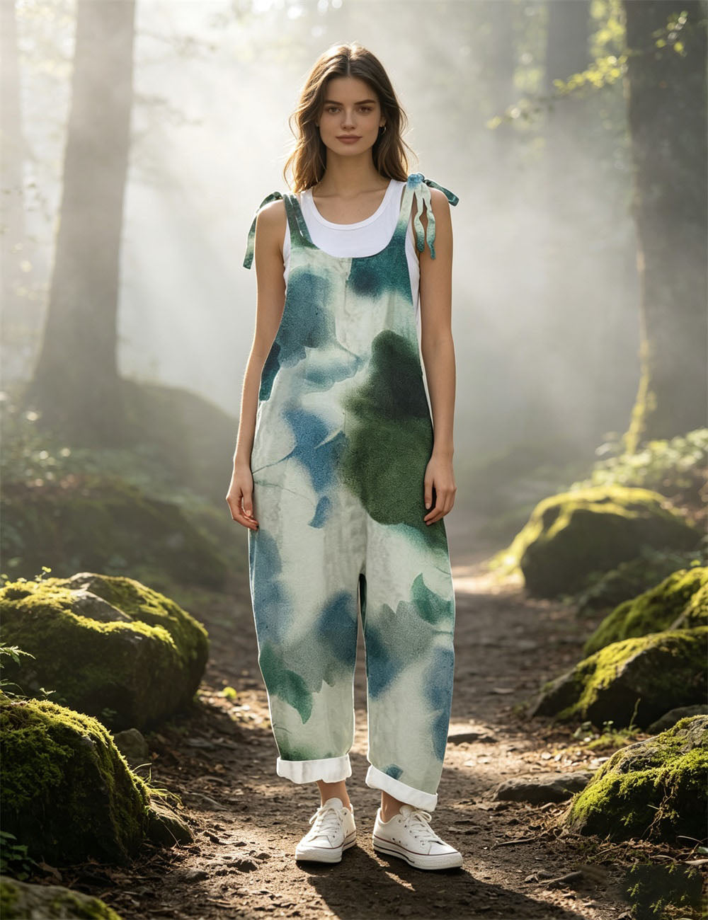 Women Green White Checkerboard Tie Strap Overalls, Loose Wide Leg Casual Jumpsuit With Pockets