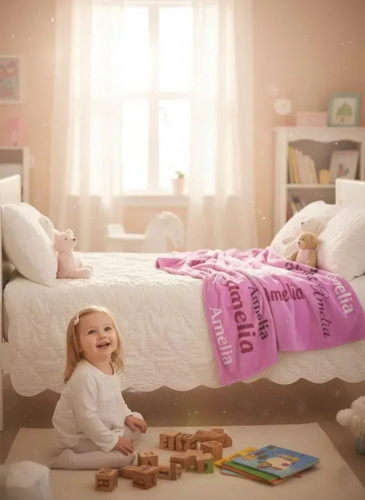 Your Letter and Name - Personalized Name Blanket: Pink & White Flannel Fleece Throw