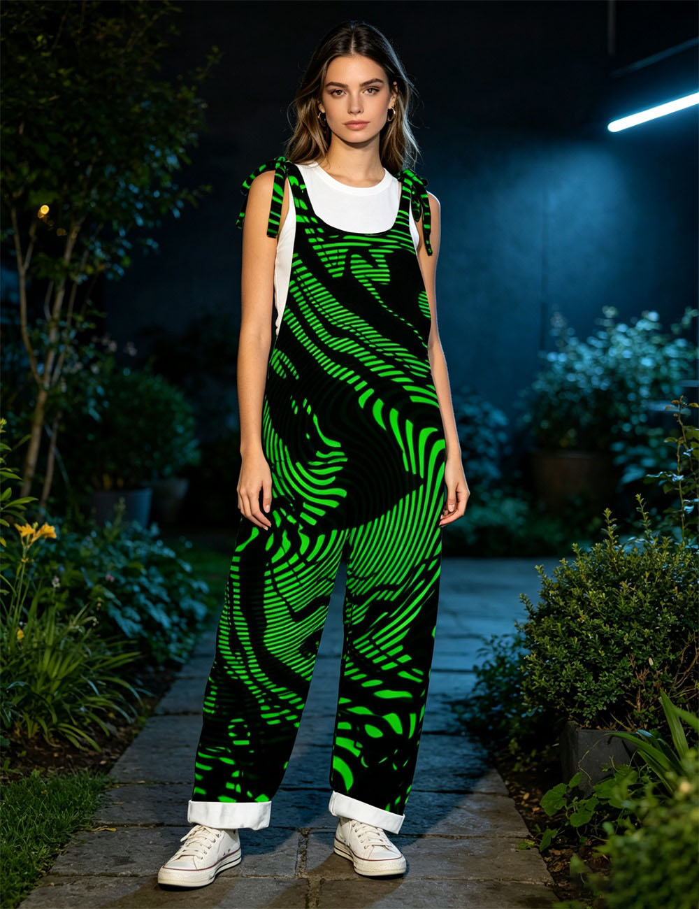Women Black Green Lightning Print Tie Strap Overalls, Loose Wide Leg Rolled Cuff Casual Jumpsuit With Pockets