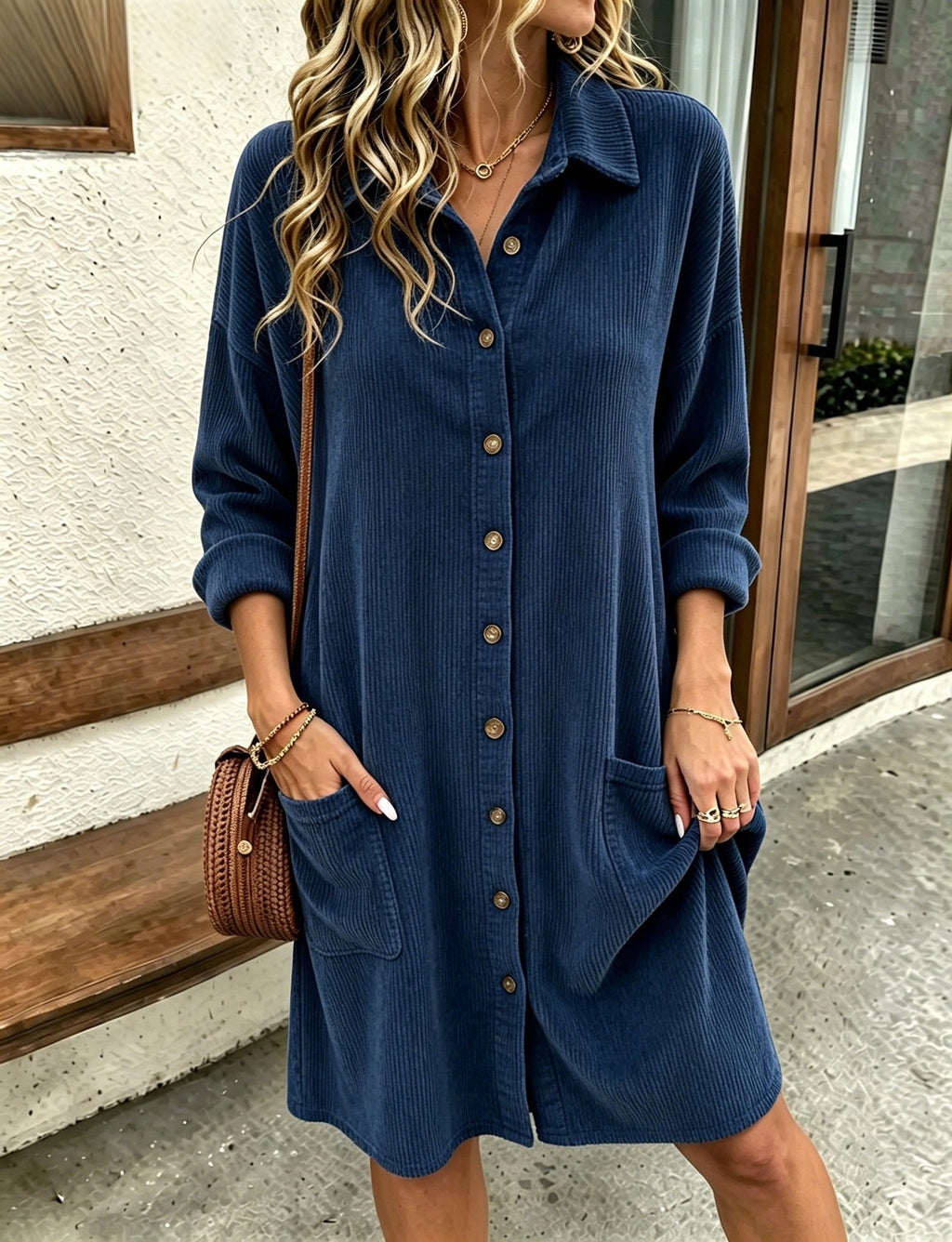 Autumn New Womens Corduroy Shirt Dress With A Turn-down Collar And Single-breasted Design