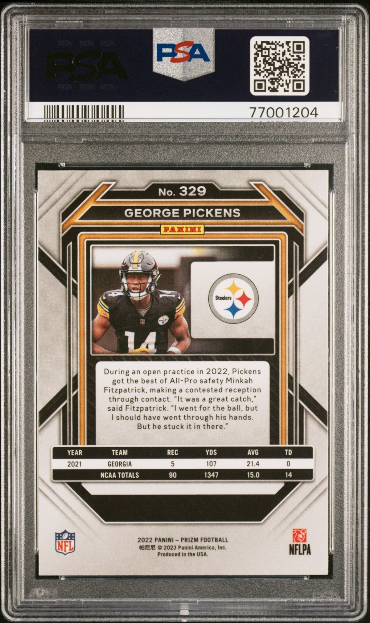 Graded 2022 Panini Prizm George Pickens #329 Rookie RC Football Card PSA 9 Mint