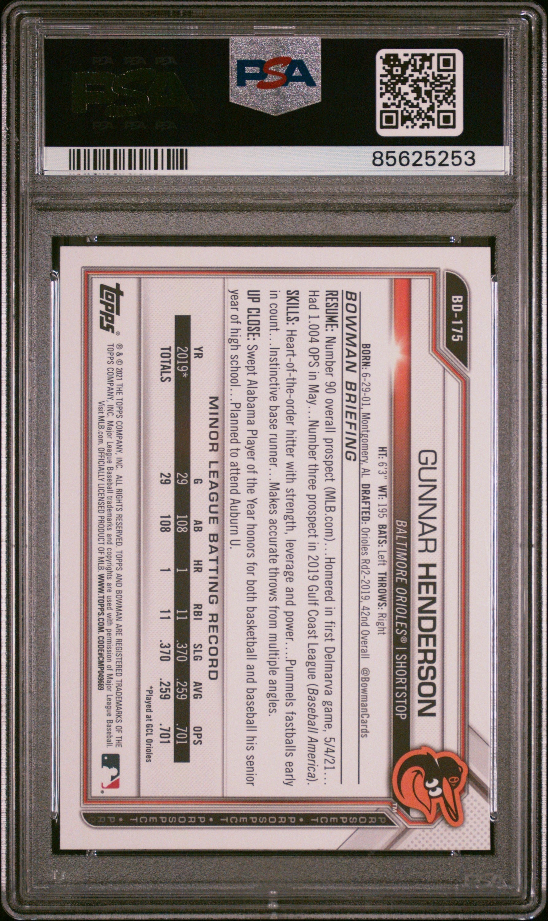 Graded 2021 Topps Bowman Draft Gunnar Henderson #BD175 Rookie RC Baseball Card PSA 8 Near Mint