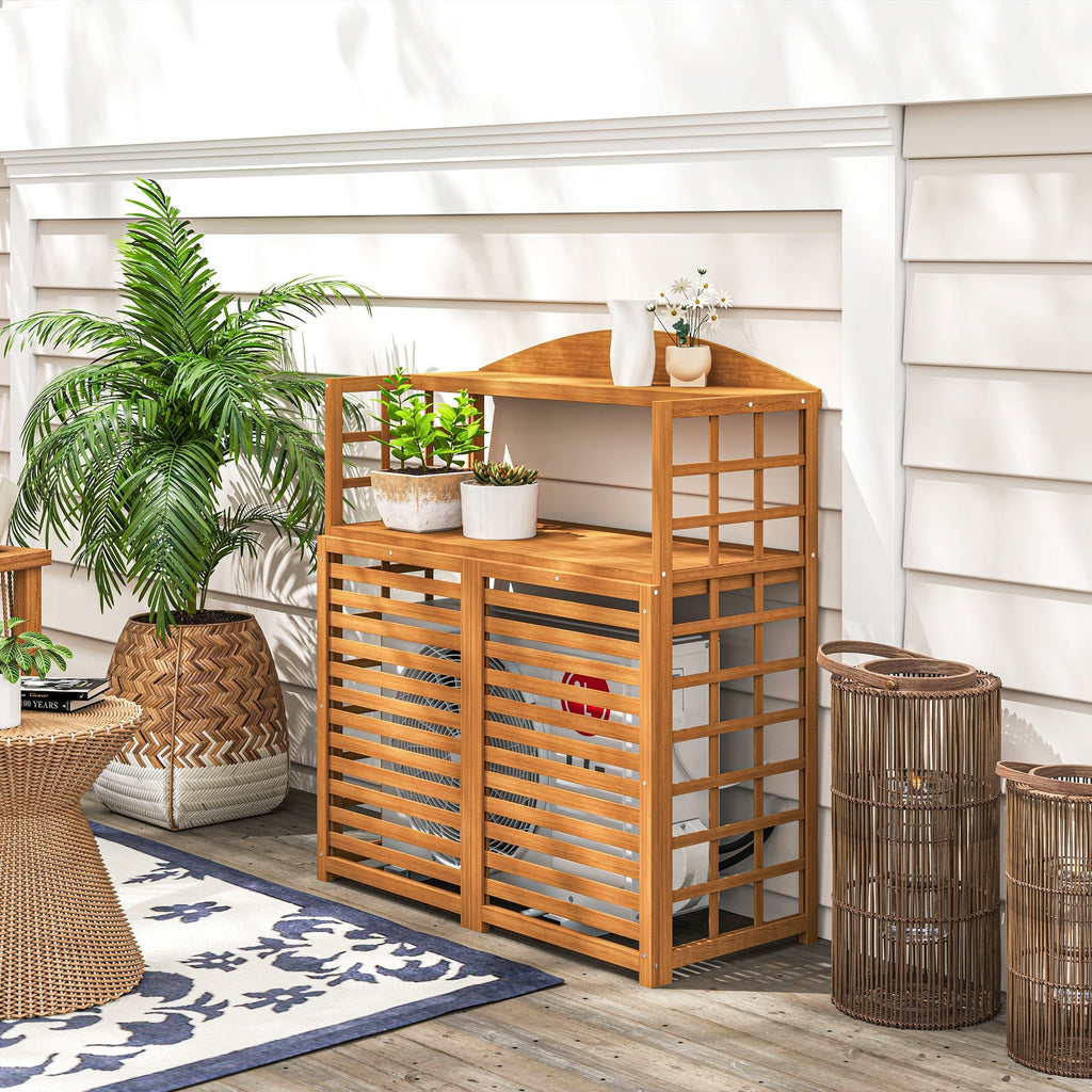 Outdoor AC Unit Privacy Fence – Wooden Air Conditioner Screen with Potting Table & Shelves