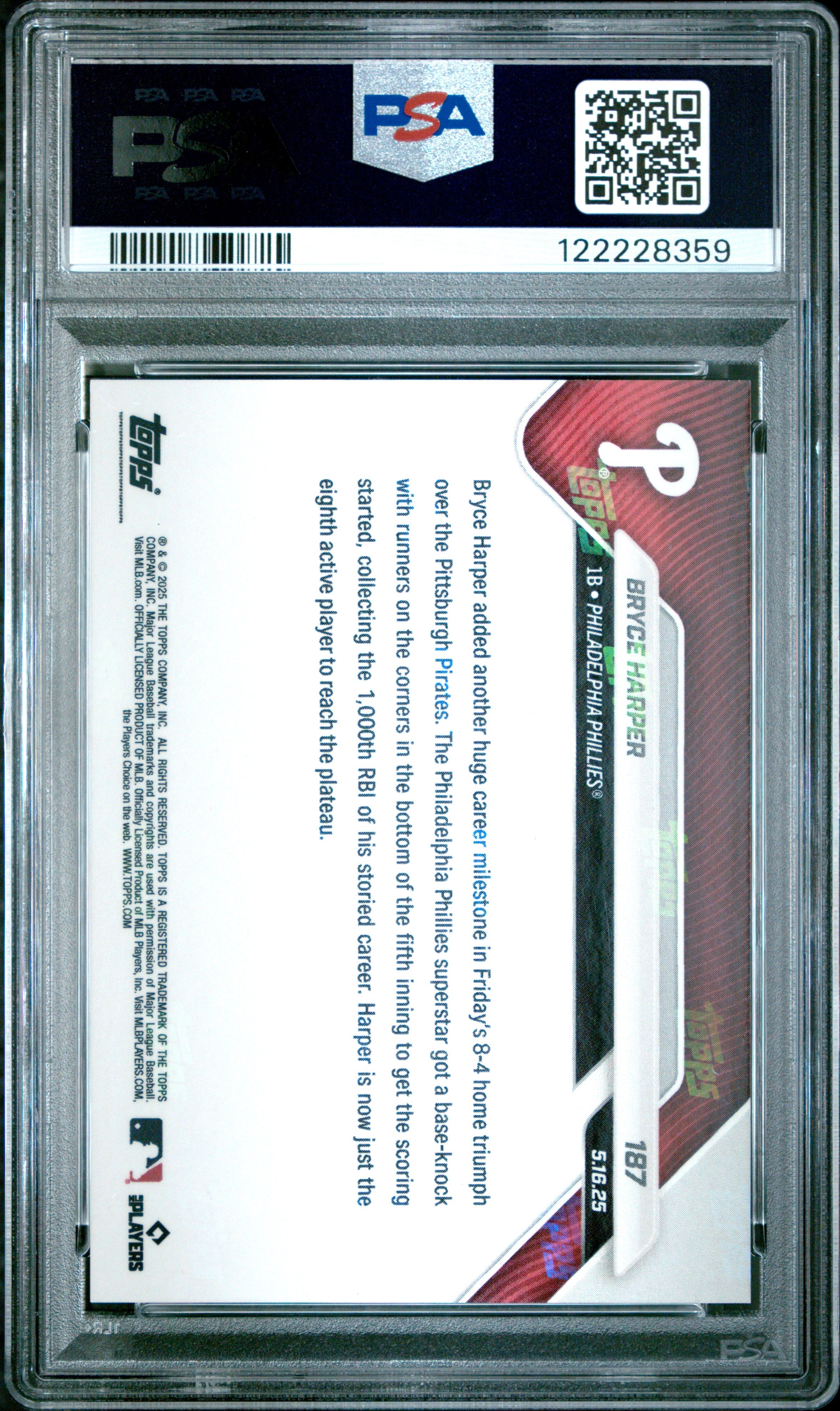 Graded 2025 Topps Now Bryce Harper #187 Orange Foil /25 Baseball Card PSA 9 Mint