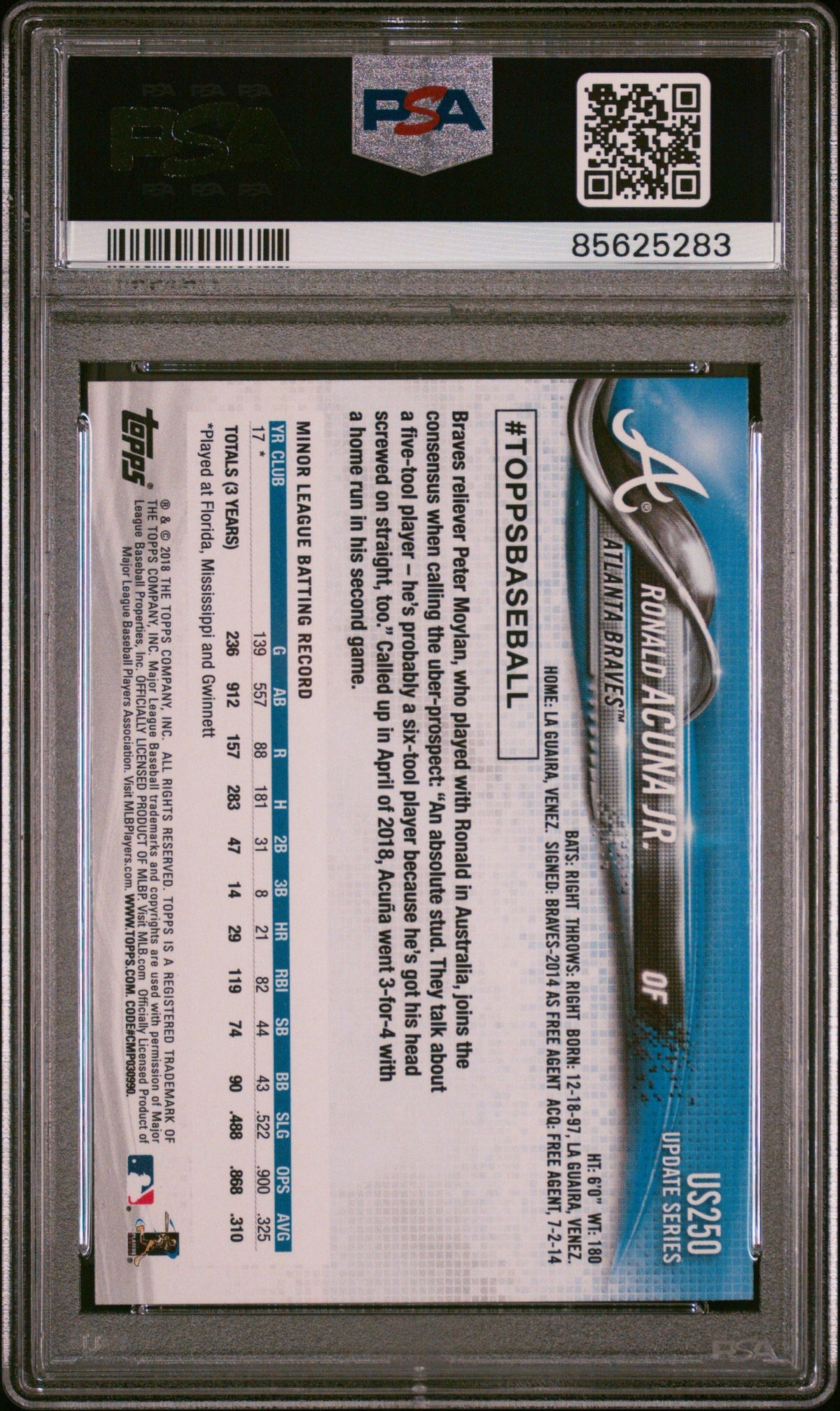 Graded 2018 Topps Update Ronald Acuna Jr. #US250 At Bat In Blue Jersey Rookie RC Baseball Card PSA 9 Mint