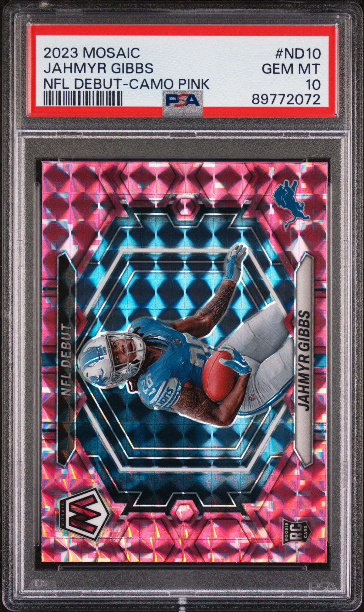Graded 2023 Mosaic Jahmyr Gibbs #ND10 NFL Debut Camo Pink Rookie RC Football Card PSA 10 Gem Mint