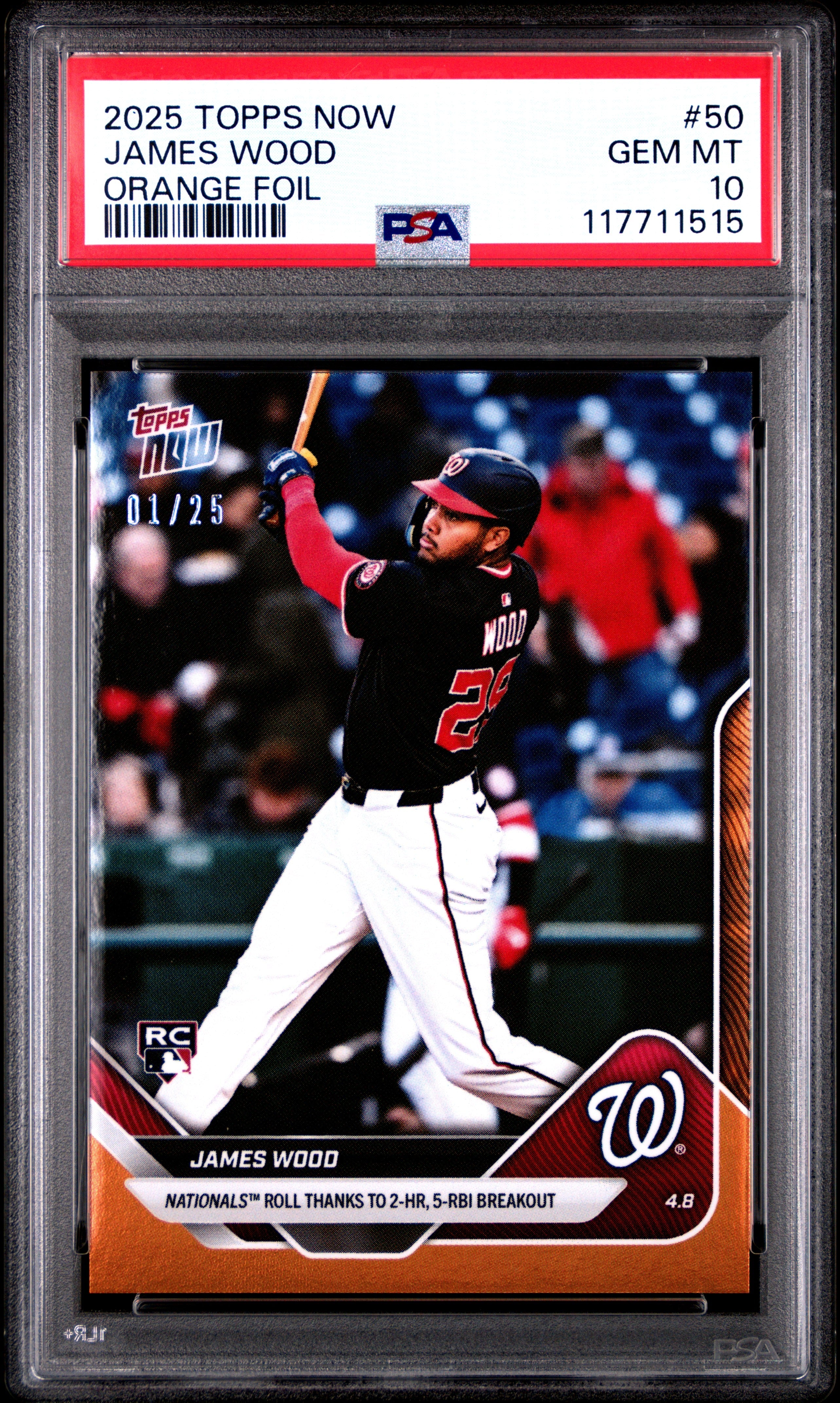 Graded 2025 Topps Now James Wood #50 Orange Foil /25 Rookie RC Baseball Card PSA 10 Gem Mint