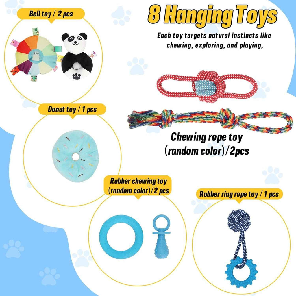 Indoor Puppy Play Gym with Hammock 8 Toys Dog Activity Center